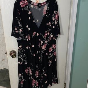 BLACK FLORAL JERSEY KNIT SKATER DRESS